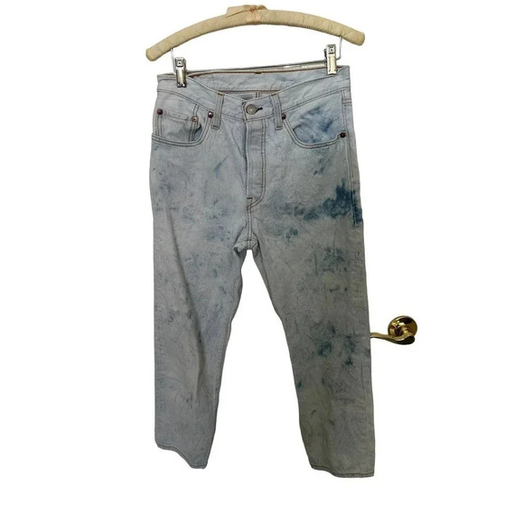 Levi's 501 White Blue Acid Wash Straight Leg Denim Jeans - Picture 3 of 5